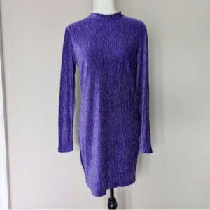 Purple crinkled velour textured open back long sleeve dress
